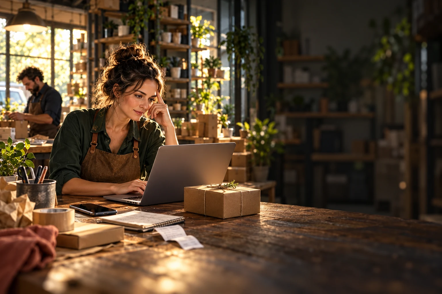 An independent business owner at her laptop, with a phone, notebook, receipts and parcels on the workbench, while a colleague works in the background.